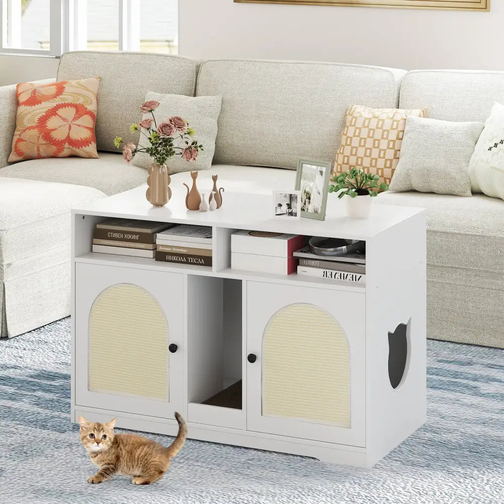 43 Inches Cat Litter Box Enclosure with Storage and Double Rooms-White - White - Cat Houses