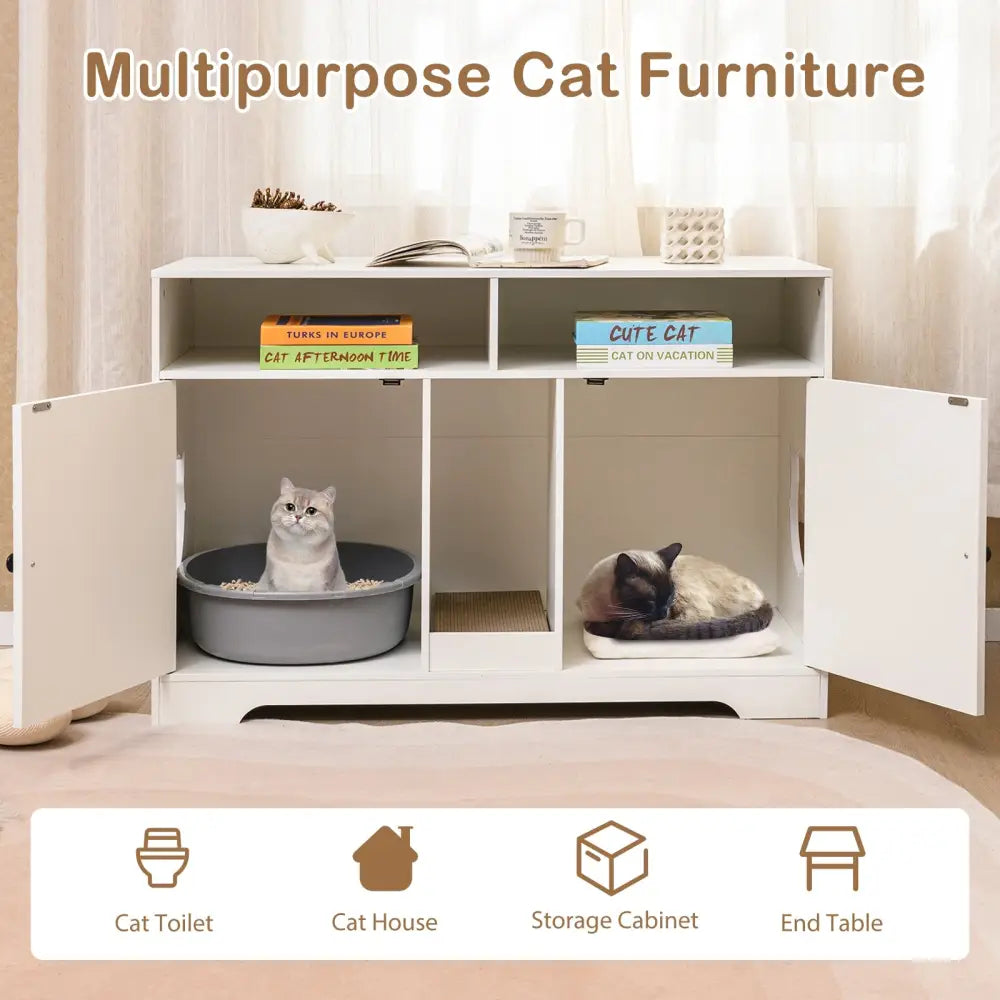 43 Inches Cat Litter Box Enclosure with Storage and Double Rooms-White - White - Cat Houses
