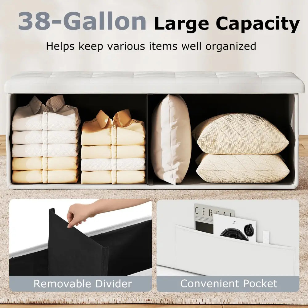 43 Inches Folding Storage Ottoman Bench Foot Rest Stool End of Bed Bench-White - White - Shoe Racks & Storage Benches