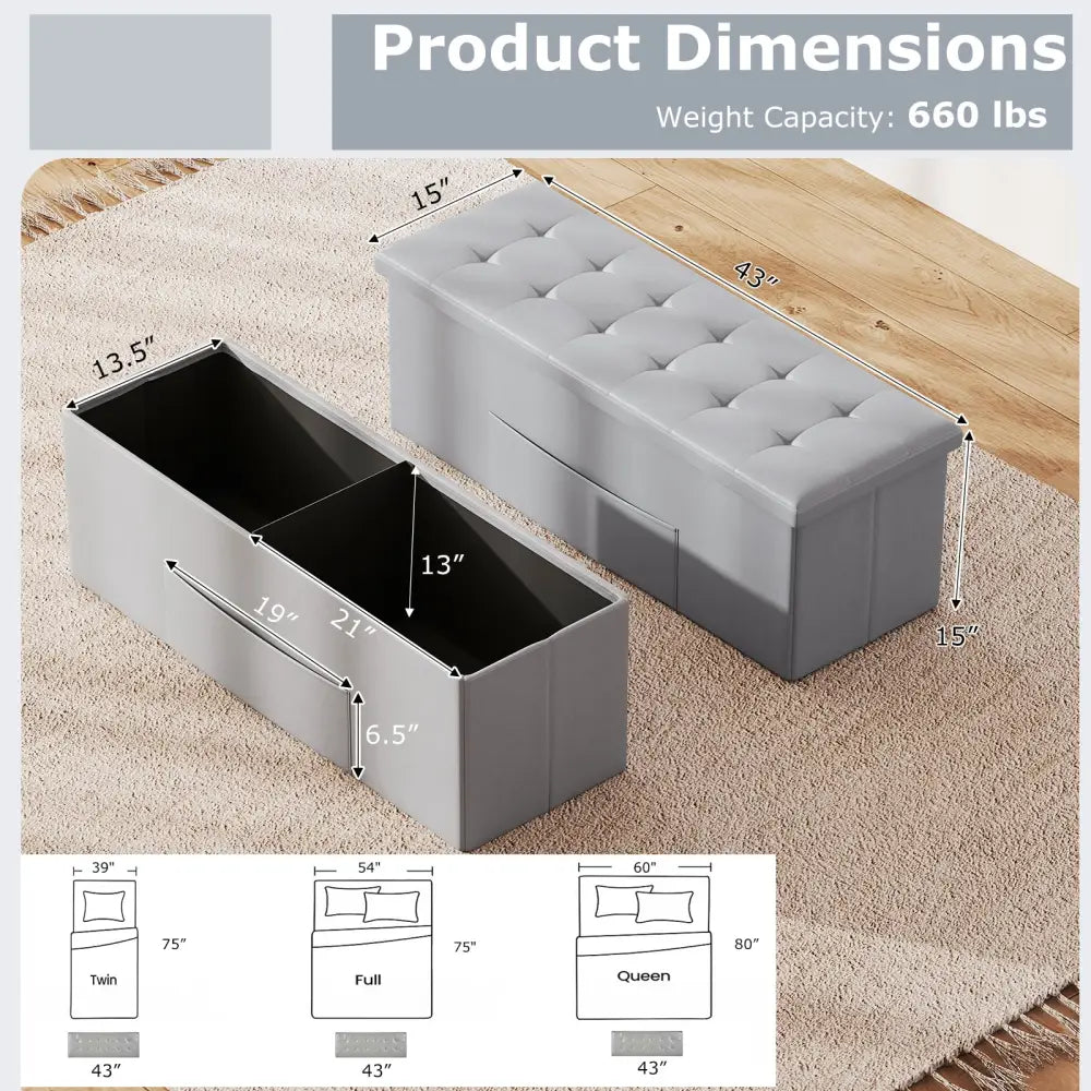 43 Inches Folding Storage Ottoman Bench Foot Rest Stool End of Bed Bench-Gray - Gray - Shoe Racks & Storage Benches
