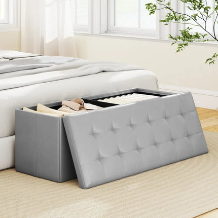 43 Inches Folding Storage Ottoman Bench Foot Rest Stool End of Bed Bench-Gray - Gray - Shoe Racks & Storage Benches