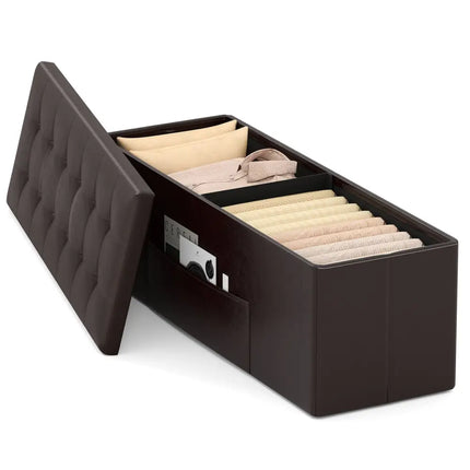 43 Inches Folding Storage Ottoman Bench Foot Rest Stool End of Bed Bench-Brown - Brown - Shoe Racks & Storage Benches