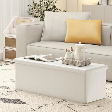 43 Inches Folding Storage Ottoman Bench Foot Rest Stool End of Bed Bench-White - White - Shoe Racks & Storage Benches