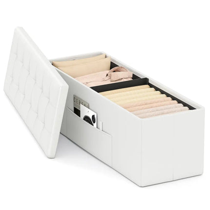 43 Inches Folding Storage Ottoman Bench Foot Rest Stool End of Bed Bench-White - White - Shoe Racks & Storage Benches