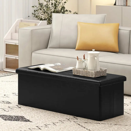 43 Inches Folding Storage Ottoman Bench Foot Rest Stool End of Bed Bench-Black - Black - Shoe Racks & Storage Benches