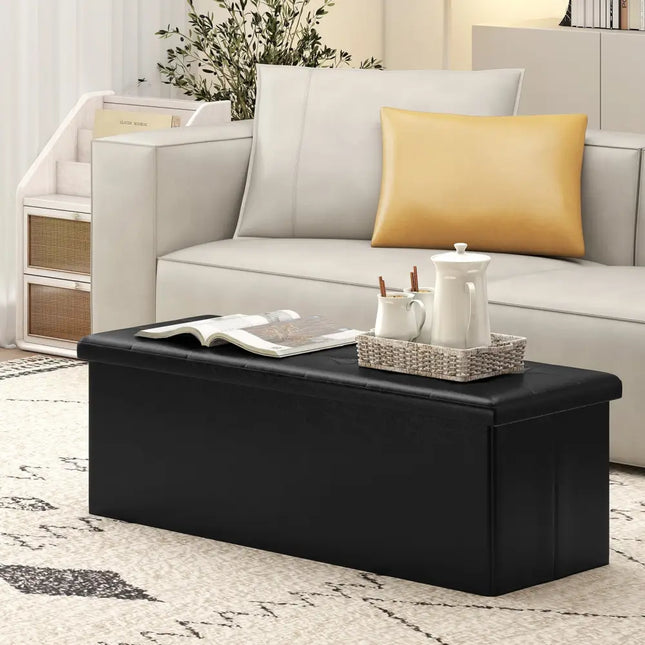 43 Inches Folding Storage Ottoman Bench Foot Rest Stool End of Bed Bench-Black - Black - Shoe Racks & Storage Benches