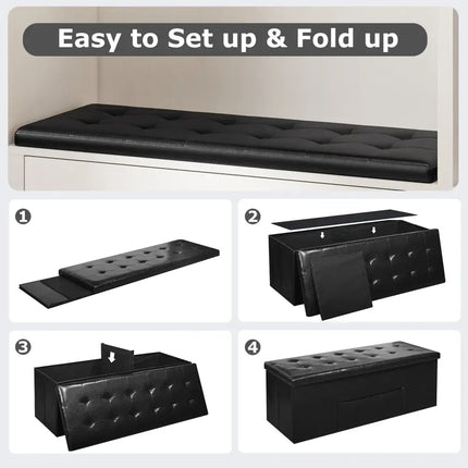 43 Inches Folding Storage Ottoman Bench Foot Rest Stool End of Bed Bench-Black - Black - Shoe Racks & Storage Benches