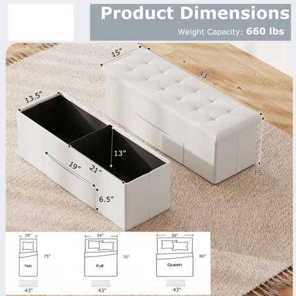 43 Inches Folding Storage Ottoman Bench Foot Rest Stool End of Bed Bench-White - White - Shoe Racks & Storage Benches