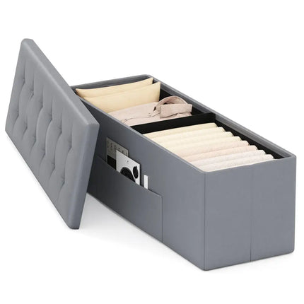 43 Inches Folding Storage Ottoman Bench Foot Rest Stool End of Bed Bench-Gray - Gray - Shoe Racks & Storage Benches