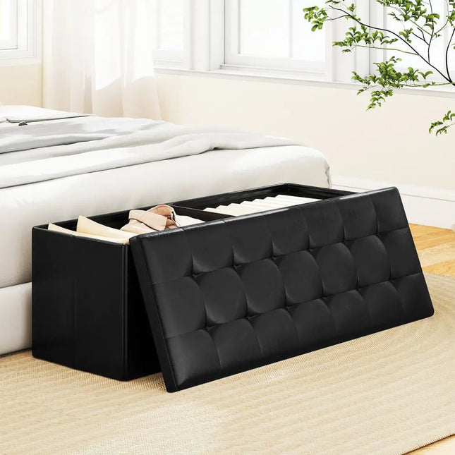43 Inches Folding Storage Ottoman Bench Foot Rest Stool End of Bed Bench-Black - Black - Shoe Racks & Storage Benches