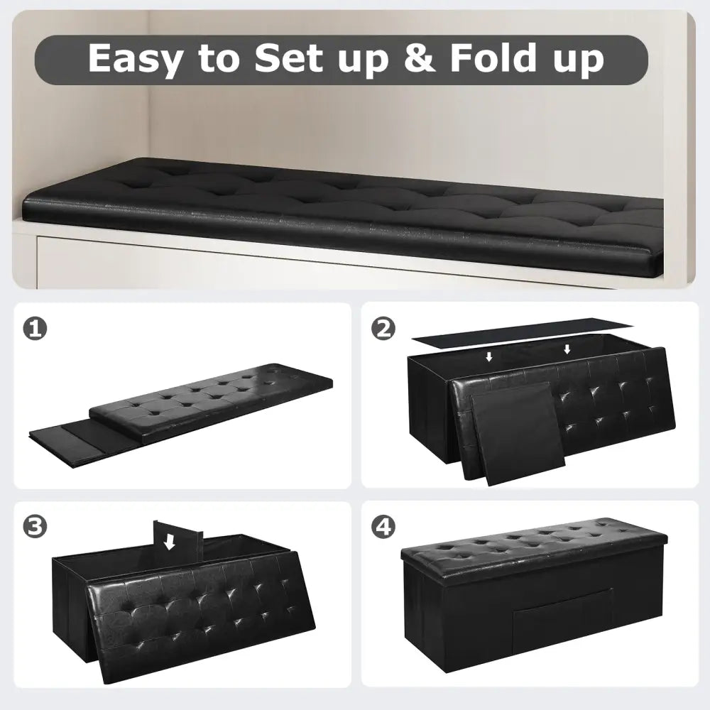 43 Inches Folding Storage Ottoman Bench Foot Rest Stool End of Bed Bench-Black - Black - Shoe Racks & Storage Benches