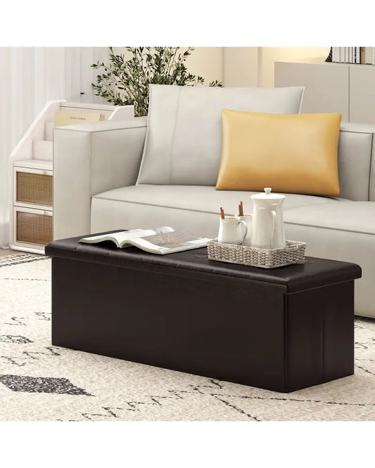 43 Inches Folding Storage Ottoman Bench Foot Rest Stool End of Bed Bench-Brown - Brown - Shoe Racks & Storage Benches