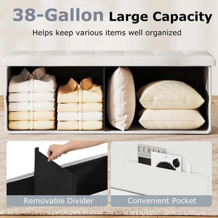 43 Inches Folding Storage Ottoman Bench Foot Rest Stool End of Bed Bench-White - White - Shoe Racks & Storage Benches