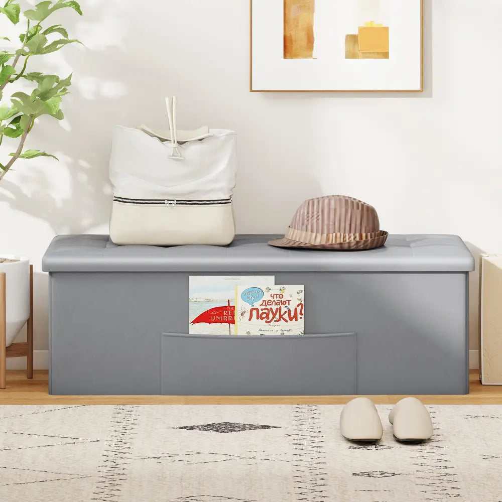43 Inches Folding Storage Ottoman Bench Foot Rest Stool End of Bed Bench-Gray - Gray - Shoe Racks & Storage Benches