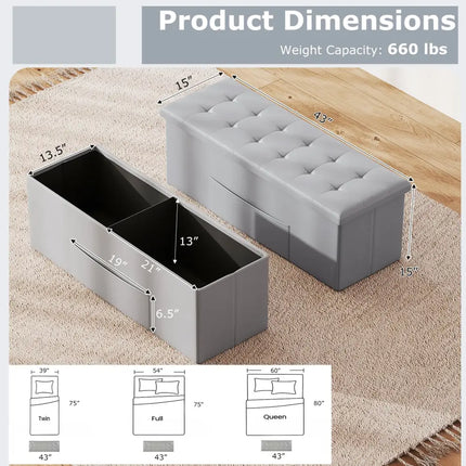 43 Inches Folding Storage Ottoman Bench Foot Rest Stool End of Bed Bench-Gray - Gray - Shoe Racks & Storage Benches
