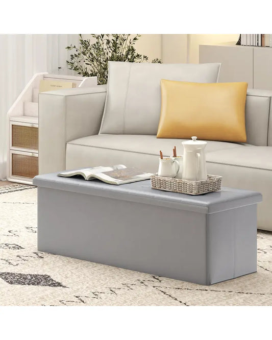 43 Inches Folding Storage Ottoman Bench Foot Rest Stool End of Bed Bench-Gray - Gray - Shoe Racks & Storage Benches