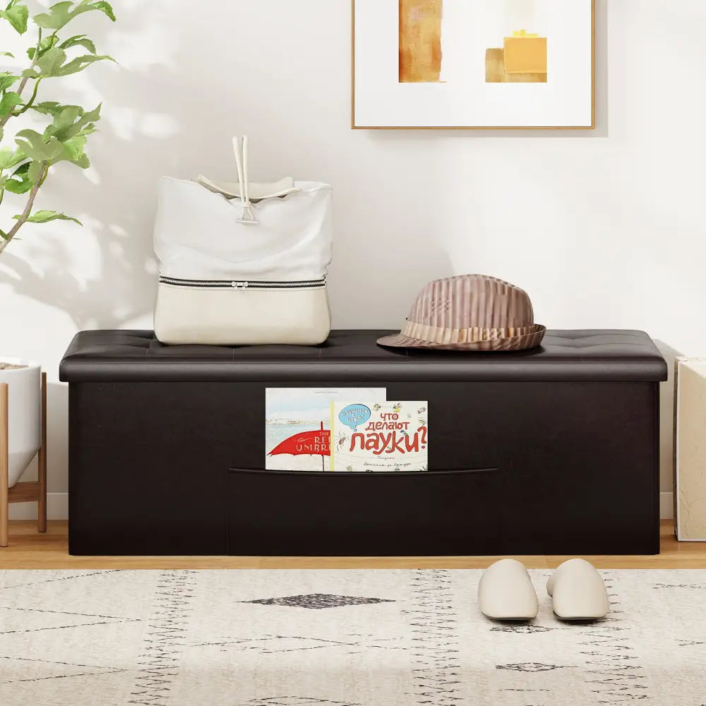 43 Inches Folding Storage Ottoman Bench Foot Rest Stool End of Bed Bench-Brown - Brown - Shoe Racks & Storage Benches