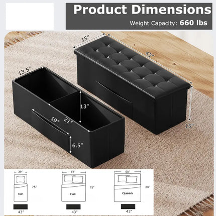 43 Inches Folding Storage Ottoman Bench Foot Rest Stool End of Bed Bench-Black - Black - Shoe Racks & Storage Benches