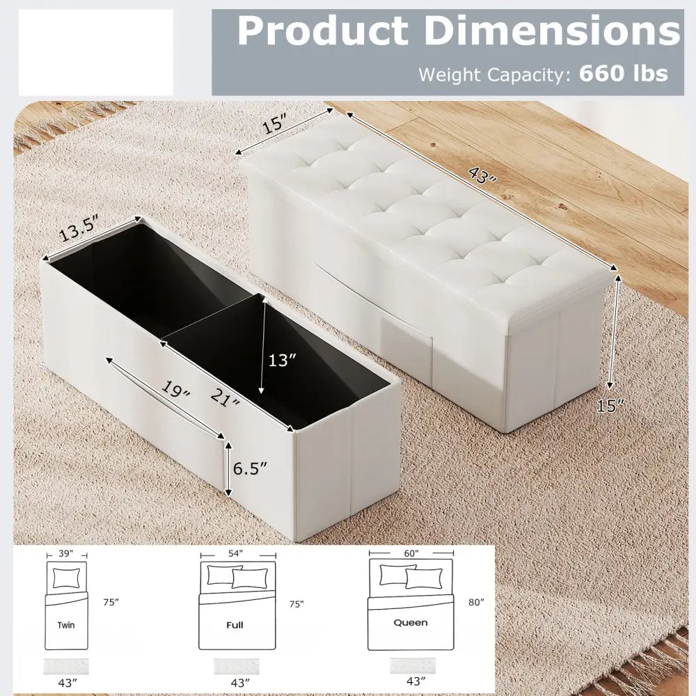 43 Inches Folding Storage Ottoman Bench Foot Rest Stool End of Bed Bench-White - White - Shoe Racks & Storage Benches