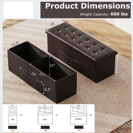 43 Inches Folding Storage Ottoman Bench Foot Rest Stool End of Bed Bench-Brown - Brown - Shoe Racks & Storage Benches