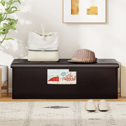 43 Inches Folding Storage Ottoman Bench Foot Rest Stool End of Bed Bench-Brown - Brown - Shoe Racks & Storage Benches