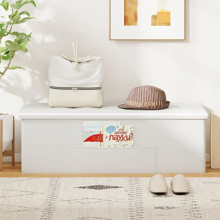 43 Inches Folding Storage Ottoman Bench Foot Rest Stool End of Bed Bench-White - White - Shoe Racks & Storage Benches