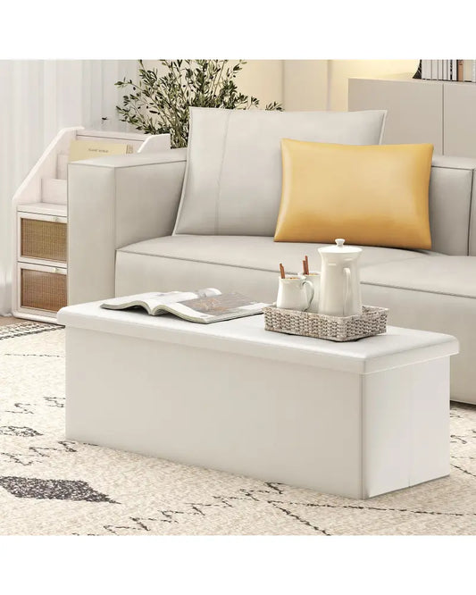 43 Inches Folding Storage Ottoman Bench Foot Rest Stool End of Bed Bench-White - White - Shoe Racks & Storage Benches