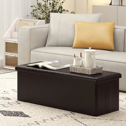 43 Inches Folding Storage Ottoman Bench Foot Rest Stool End of Bed Bench-Brown - Brown - Shoe Racks & Storage Benches