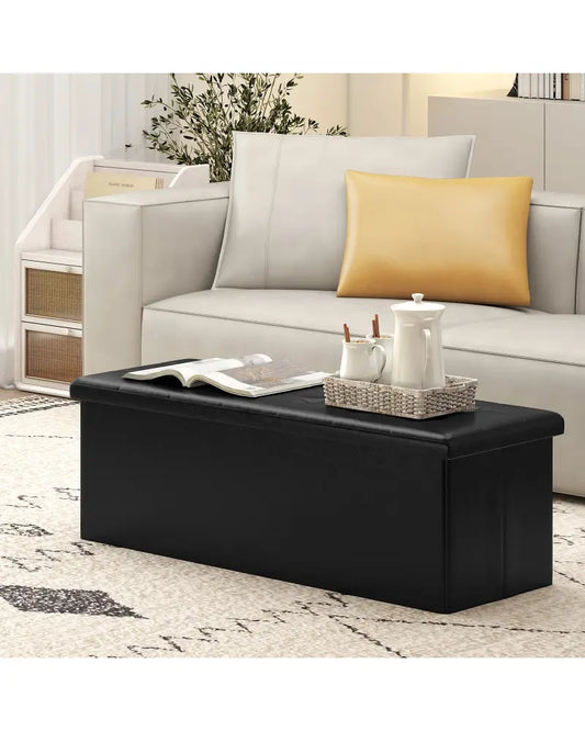 43 Inches Folding Storage Ottoman Bench Foot Rest Stool End of Bed Bench-Black - Black - Shoe Racks & Storage Benches
