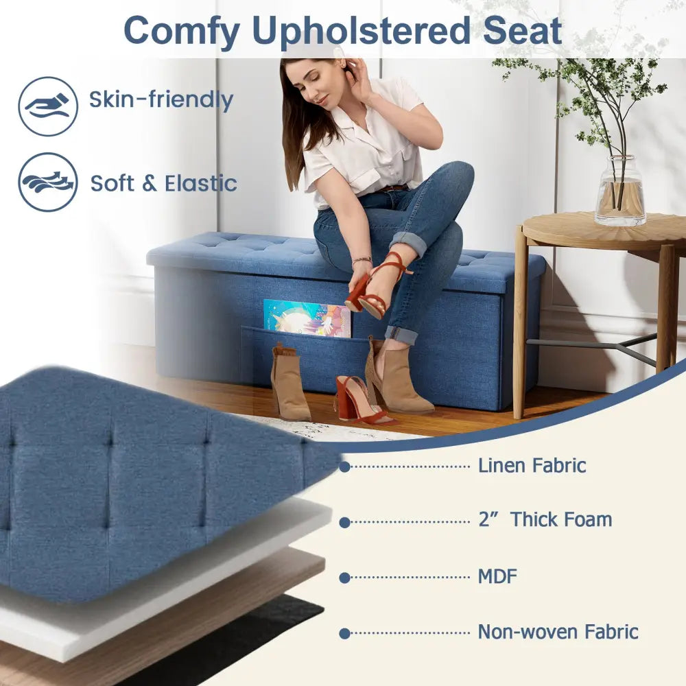 43 Inches Folding Storage Ottoman Bench Linen End of Bed Bench with Padded Seat-Navy - Navy - Shoe Racks & Storage