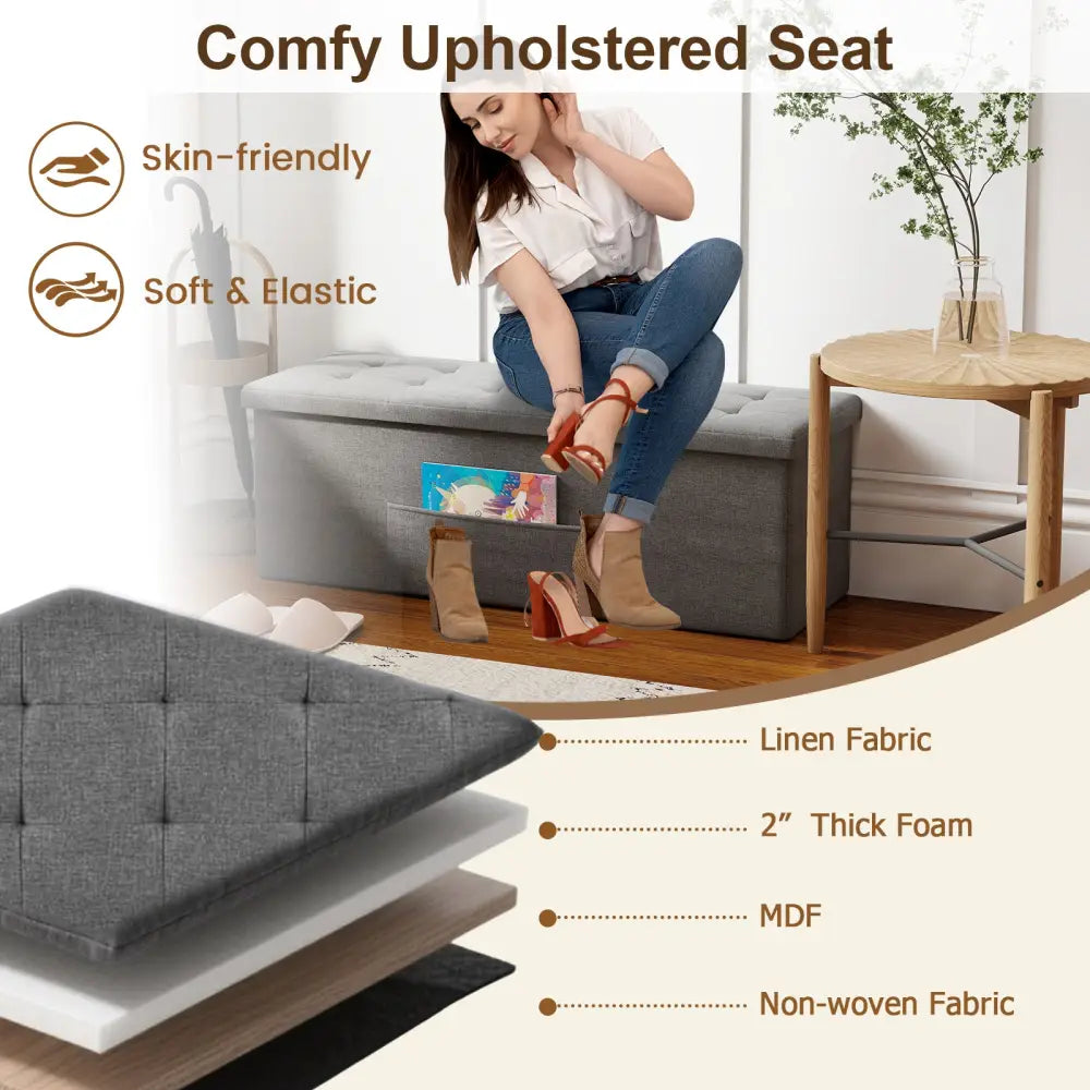 43 Inches Folding Storage Ottoman Bench Linen End of Bed Bench with Padded Seat-Dark Gray - Dark Gray - Shoe Racks &