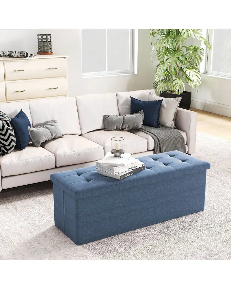 43 Inches Folding Storage Ottoman Bench Linen End of Bed Bench with Padded Seat-Navy - Navy - Shoe Racks & Storage