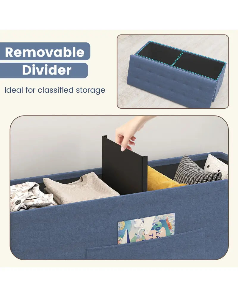 43 Inches Folding Storage Ottoman Bench Linen End of Bed Bench with Padded Seat-Navy - Navy - Shoe Racks & Storage