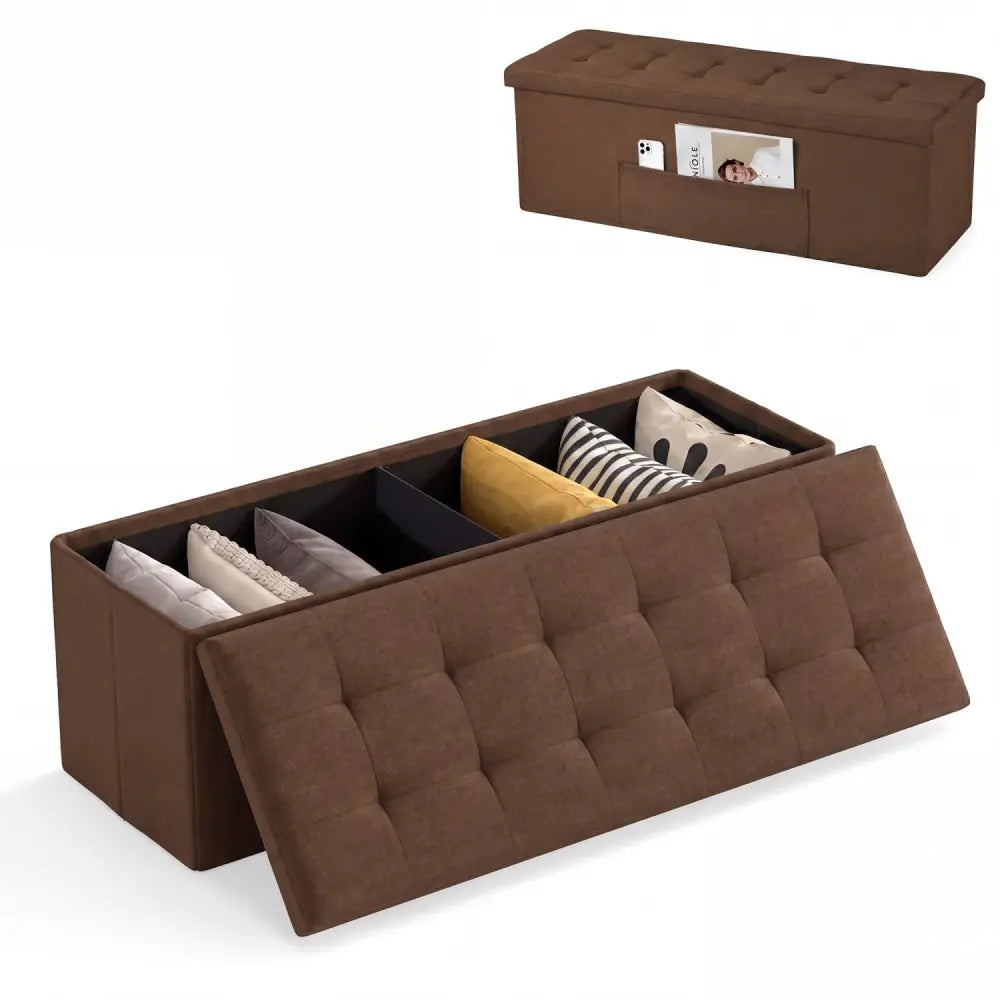 43 Inches Folding Storage Ottoman Bench Linen End of Bed Bench with Padded Seat-Brown - Brown - Shoe Racks & Storage