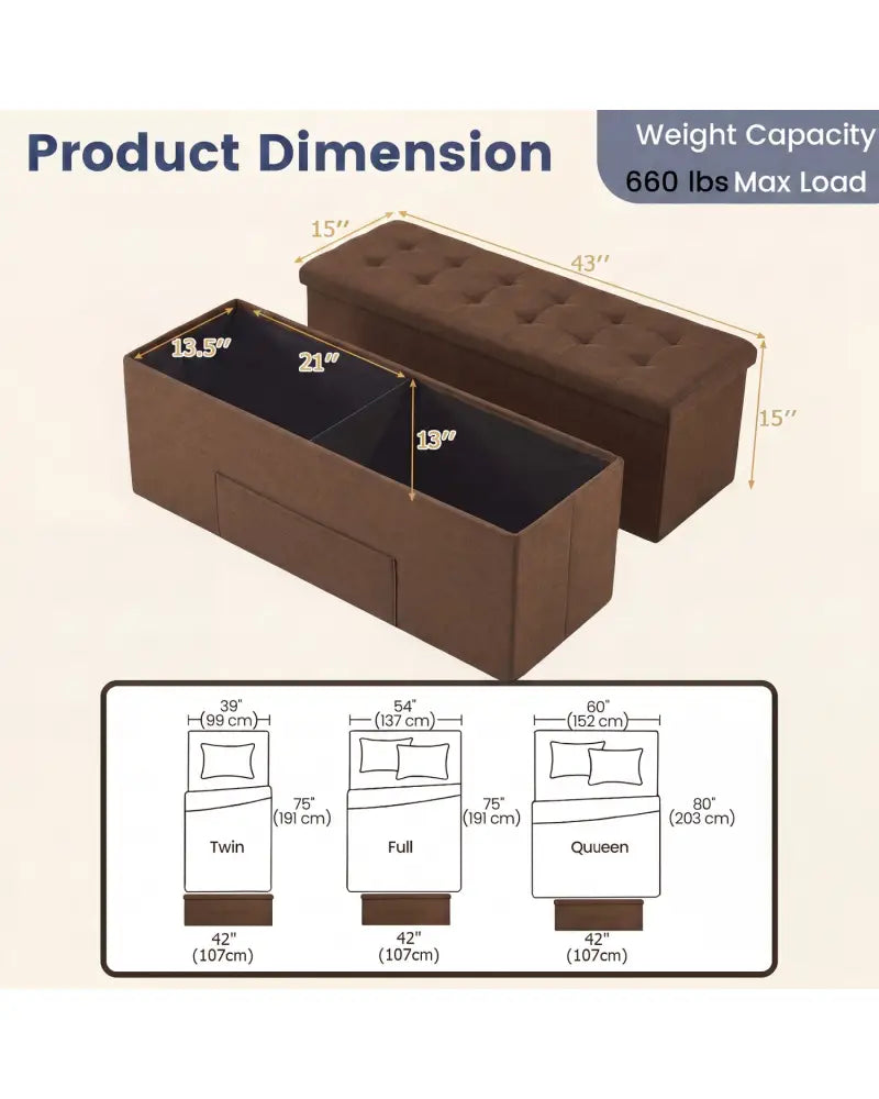 43 Inches Folding Storage Ottoman Bench Linen End of Bed Bench with Padded Seat-Brown - Brown - Shoe Racks & Storage