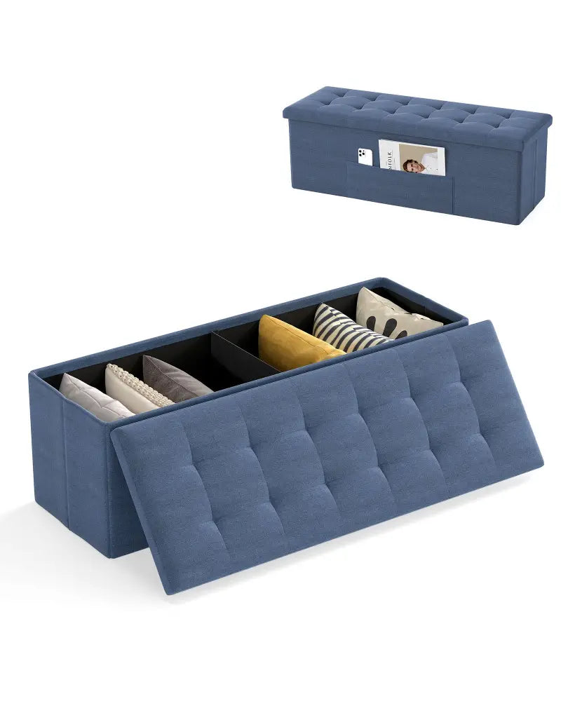 43 Inches Folding Storage Ottoman Bench Linen End of Bed Bench with Padded Seat-Navy - Navy - Shoe Racks & Storage