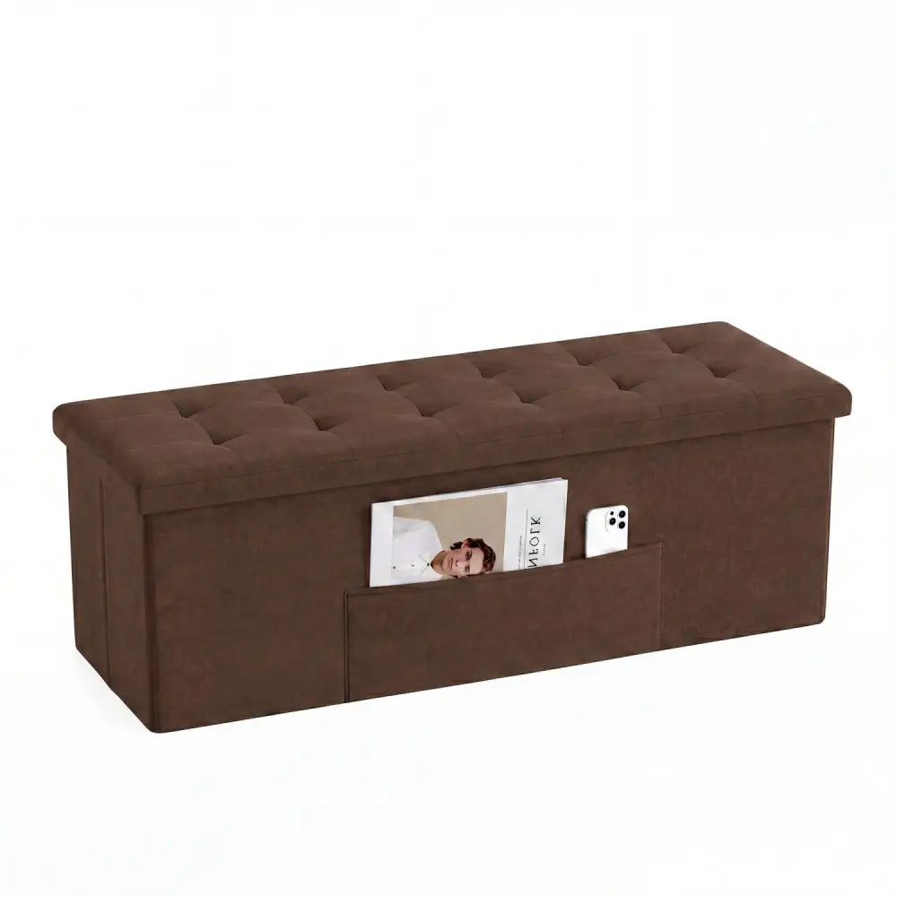 43 Inches Folding Storage Ottoman Bench Linen End of Bed Bench with Padded Seat-Brown - Brown - Shoe Racks & Storage