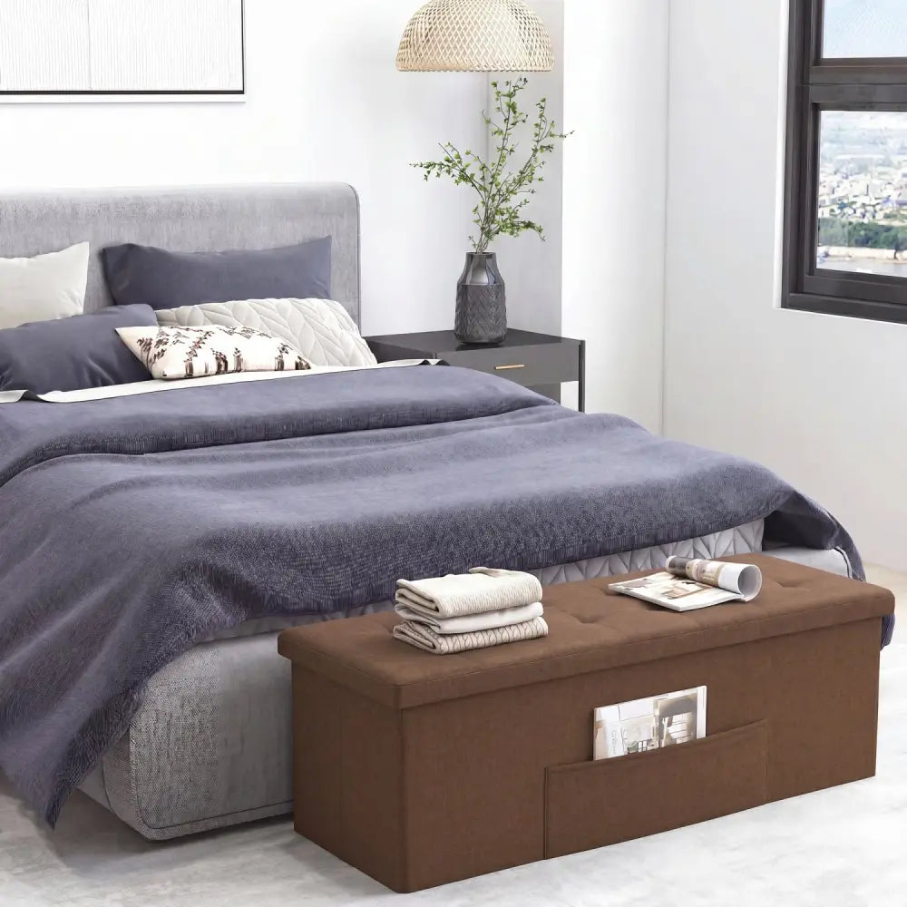 43 Inches Folding Storage Ottoman Bench Linen End of Bed Bench with Padded Seat-Brown - Brown - Shoe Racks & Storage