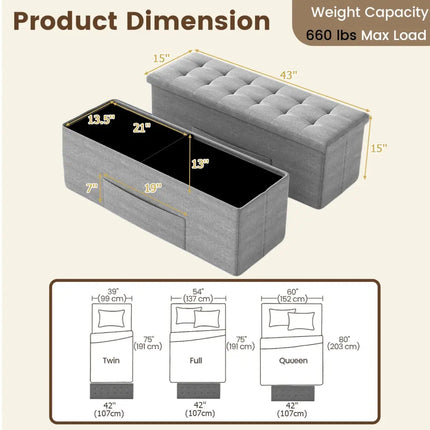 43 Inches Folding Storage Ottoman Bench Linen End of Bed Bench with Padded Seat-Light Gray - Light Gray - Shoe Racks &