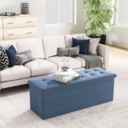 43 Inches Folding Storage Ottoman Bench Linen End of Bed Bench with Padded Seat-Navy - Navy - Shoe Racks & Storage