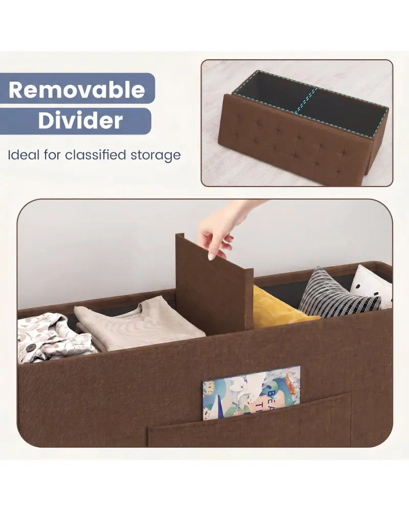 43 Inches Folding Storage Ottoman Bench Linen End of Bed Bench with Padded Seat-Brown - Brown - Shoe Racks & Storage
