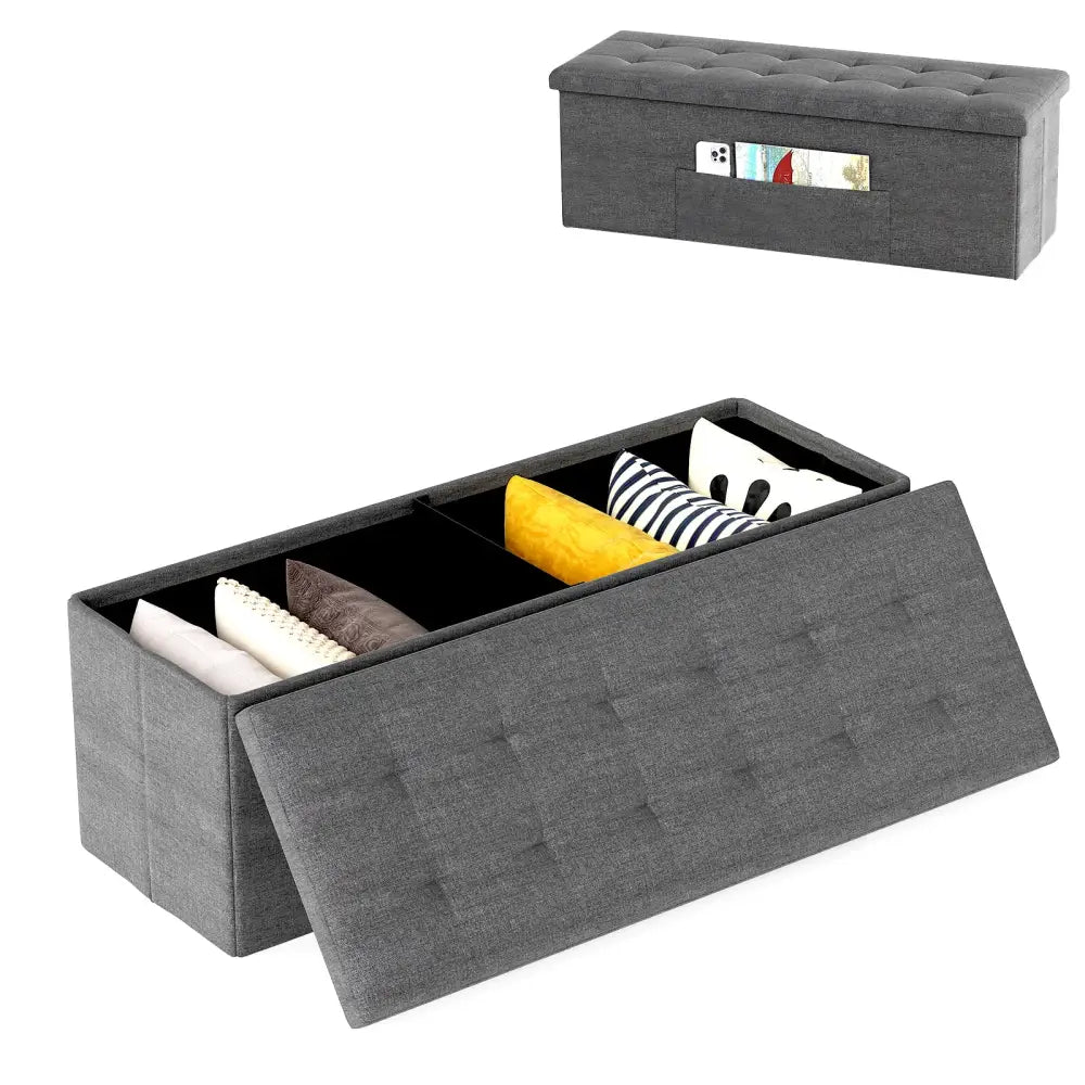 43 Inches Folding Storage Ottoman Bench Linen End of Bed Bench with Padded Seat-Dark Gray - Dark Gray - Shoe Racks &