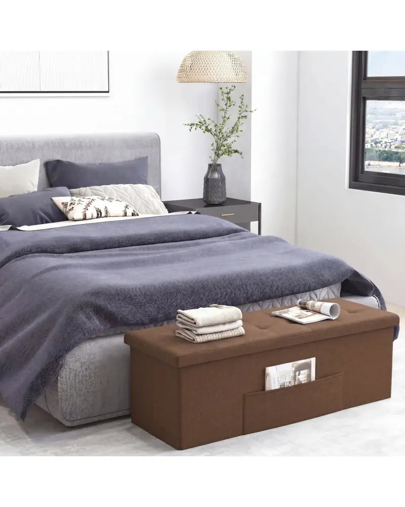 43 Inches Folding Storage Ottoman Bench Linen End of Bed Bench with Padded Seat-Brown - Brown - Shoe Racks & Storage