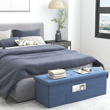 43 Inches Folding Storage Ottoman Bench Linen End of Bed Bench with Padded Seat-Navy - Navy - Shoe Racks & Storage