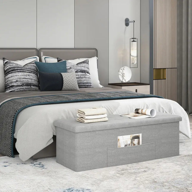 43 Inches Folding Storage Ottoman Bench Linen End of Bed Bench with Padded Seat-Light Gray - Light Gray - Shoe Racks &