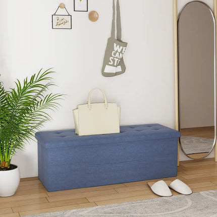 43 Inches Folding Storage Ottoman Bench Linen End of Bed Bench with Padded Seat-Navy - Navy - Shoe Racks & Storage