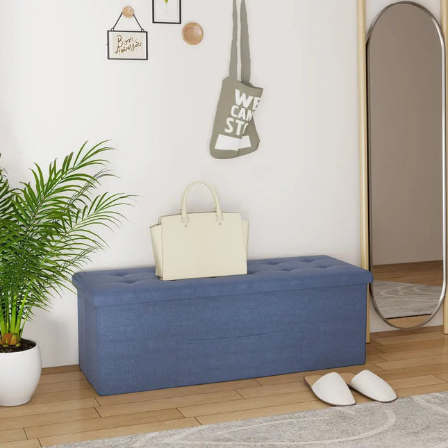 43 Inches Folding Storage Ottoman Bench Linen End of Bed Bench with Padded Seat-Navy - Navy - Shoe Racks & Storage