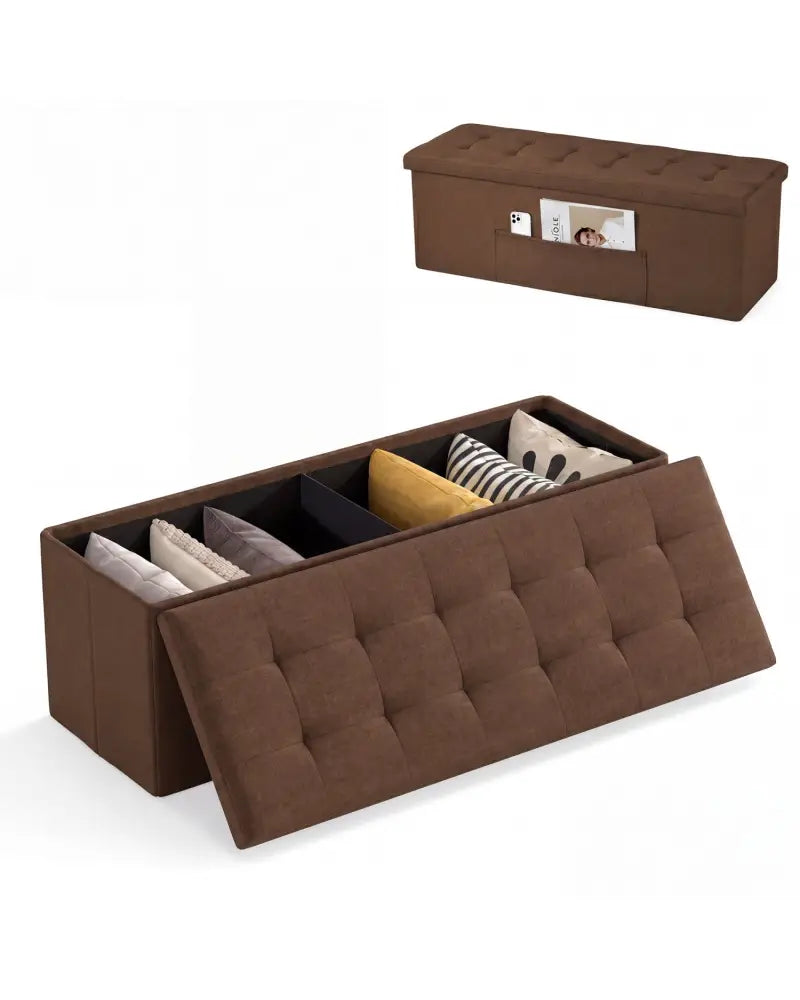 43 Inches Folding Storage Ottoman Bench Linen End of Bed Bench with Padded Seat-Brown - Brown - Shoe Racks & Storage