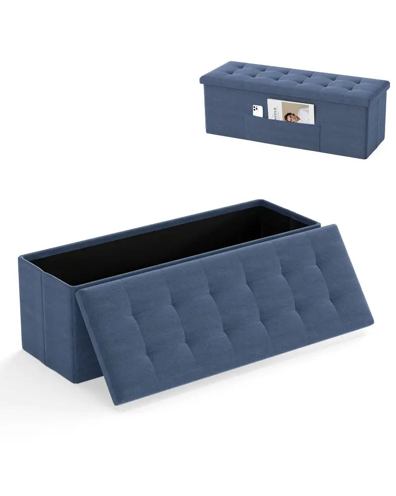 43 Inches Folding Storage Ottoman Bench Linen End of Bed Bench with Padded Seat-Navy - Navy - Shoe Racks & Storage