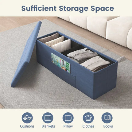 43 Inches Folding Storage Ottoman Bench Linen End of Bed Bench with Padded Seat-Navy - Navy - Shoe Racks & Storage